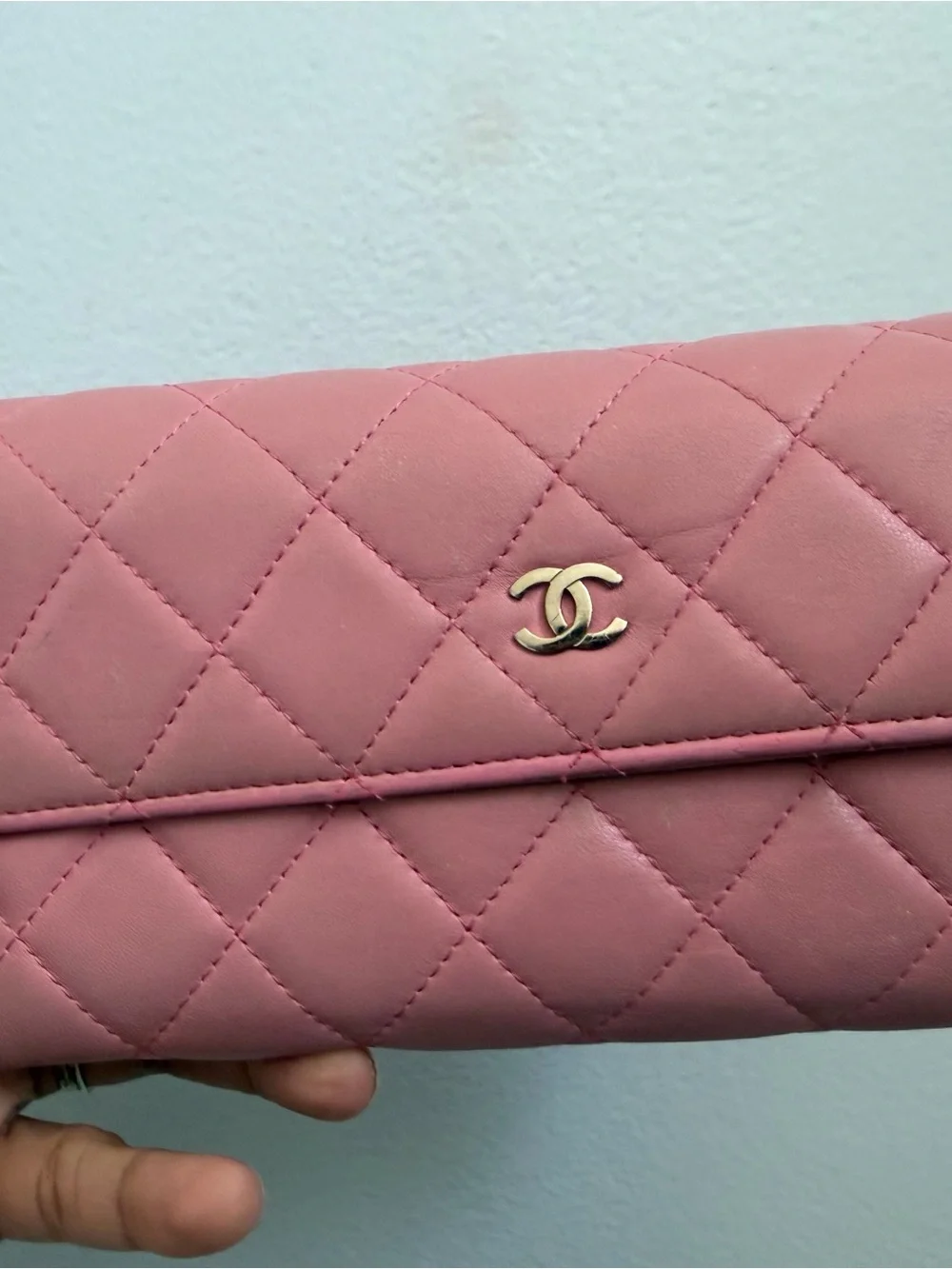 CHANEL Quilted Rose Pink Leather Wallet with Gold CC
